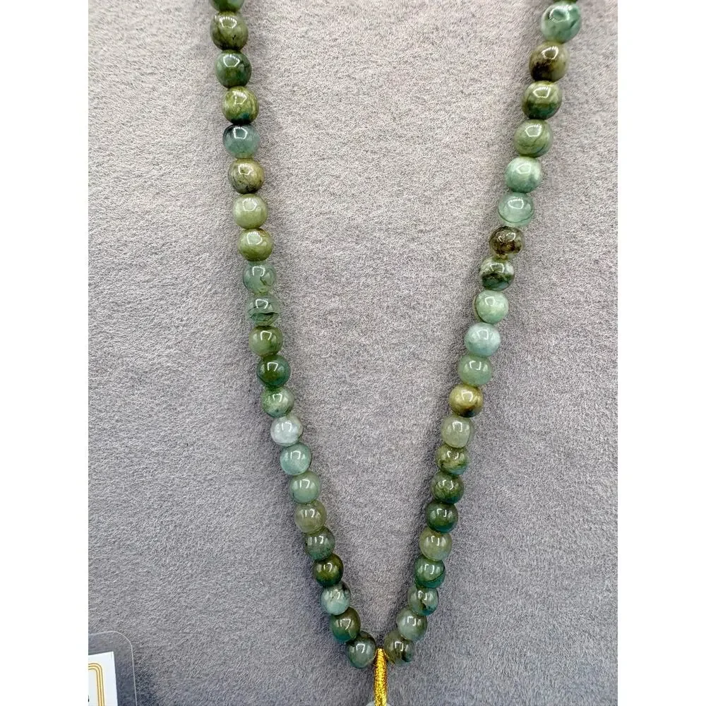 Natural Jadite Jade Beaded Necklace & Buddha Charm w/ Cert